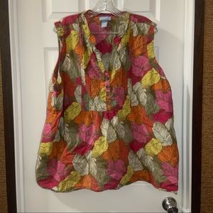 Liz & Me Multicolor Leaf Print V Neck Sleeveless Blouse 3XWP